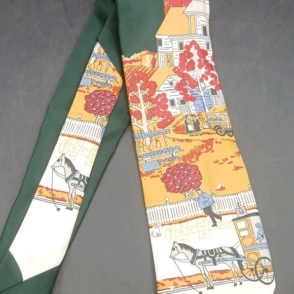 VTG Don Loper? Wide Tie: Cottage Core Horse & Carriage Flower Cart Dacron Green - Picture 3 of 7